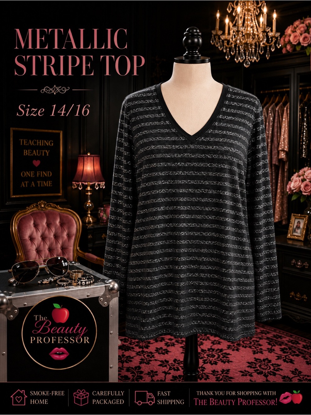 💕 Lane Bryant 14/16 Black Metallic Stripe V Neck Long Sleeve Top Pima Cotton